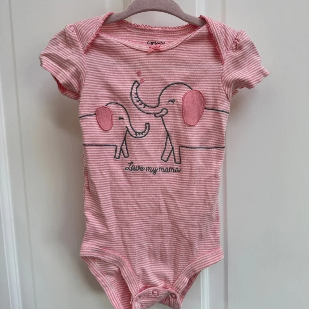 NWOT Carter's 12M Girls Pink Striped Elephant Love My Mama Baby Onesie Bodysuit